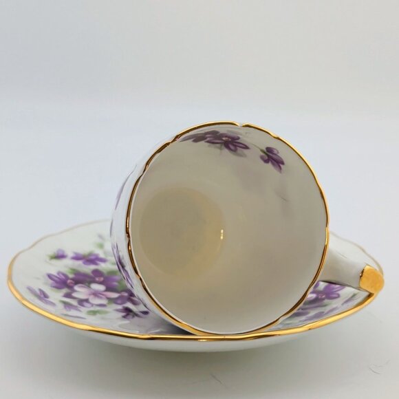Ansley Fine Bone China Demitasse Cup & Saucer Set Violette Floral Design Gold Tr - Picture 4 of 11